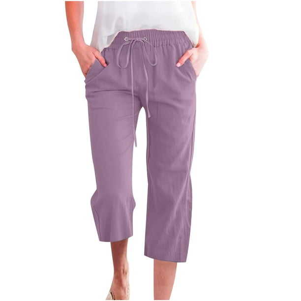 Women Casual Capris Straight Leg Drawstring Elastic Waist Linen Pants with  Pockets 