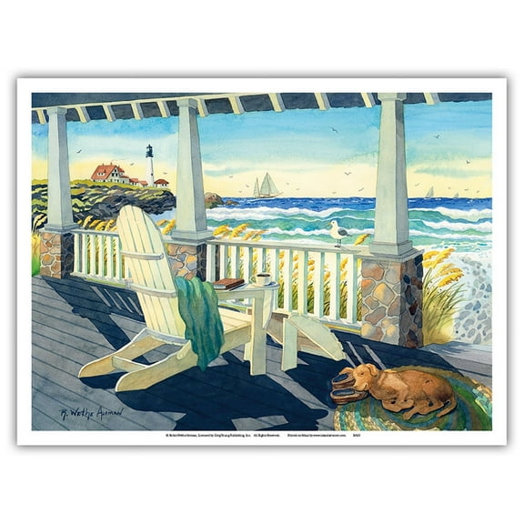 Morning Coffee at the Beach House - Seaside Ocean View with Dog - From an Original Watercolor Painting by Robin Wethe Altman - Master Art Print (Unframed) 9in x 12in