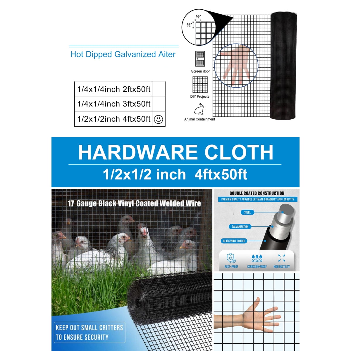 48in x 50ft Black Vinyl Coated Hardware Cloth, 19ga 1/2in Mesh Welded Wire Fence Roll for Chicken Coop, Garden Raised Beds, Animal Enclosure, Pest Control & DIY Outdoor Home Improvement