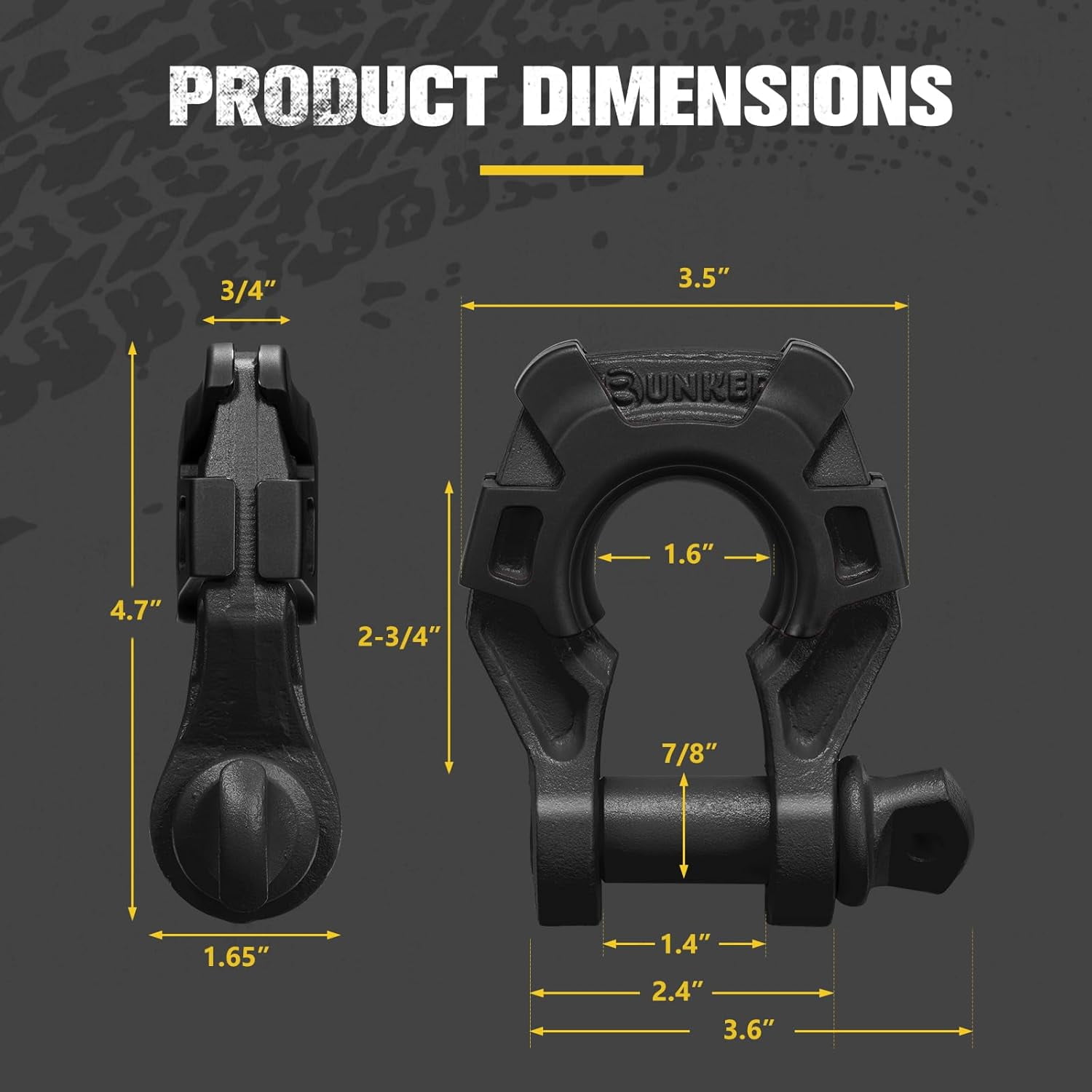 BUNKER INDUST 3/4" D Ring Shackle with 7/8" Pin,Black Tow Shackles with Isolator for Use with Tow Strap, Winch, 2 Pack Off-Road Recovery Shackle for Jeep Truck ATV UTV, 42,000lbs Break Strength