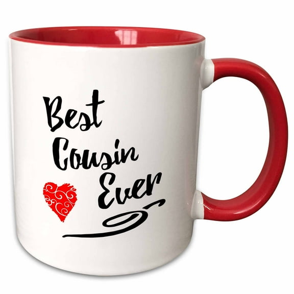 3drose, Best Cousin Ever Design with Red Swirly Heart, 11oz Two-tone Red Mug