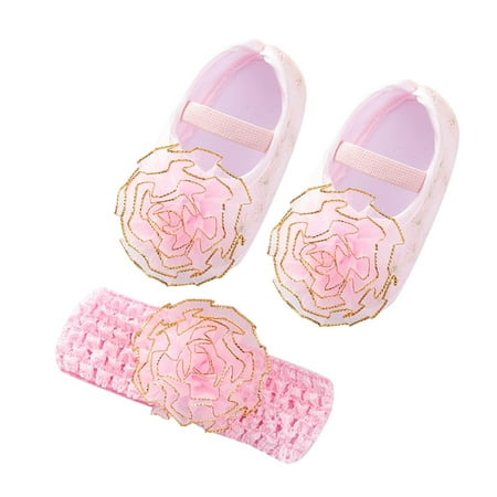 

Yinguo Little Child Shoes Soft Sole Toddler Shoes Cute Flowers Princess Shoes Headband Set Pink 12