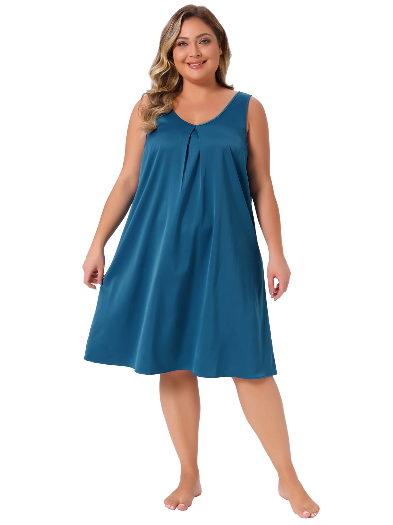 DARING DIVA Women's Plus Size Satin V Neck Sleeveless Pleated Nightgown 1X Peacock Blue