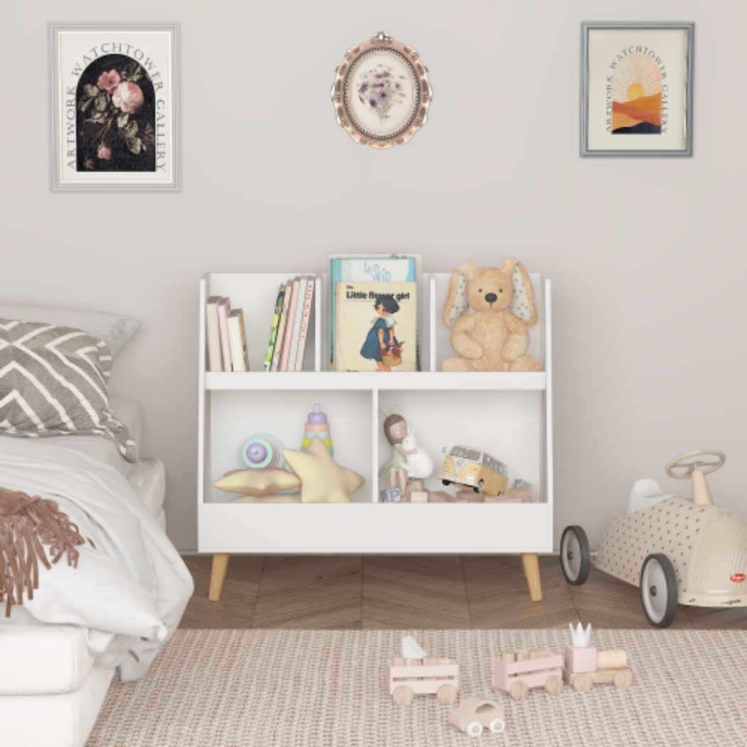 Kids Bookshelf and Toy Organizer, 5-Cubby Wooden Open Bookcase with 2 Large Storage Bins, 2-Tier Baby Storage Display Shelf with Pine Legs for Bedroom, Nursery & Playroom, White