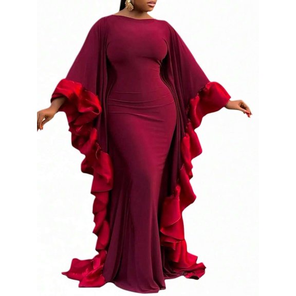 Red Long Evening Gown With Dramatic Ruffle Cape Sleeve For Special Occasions