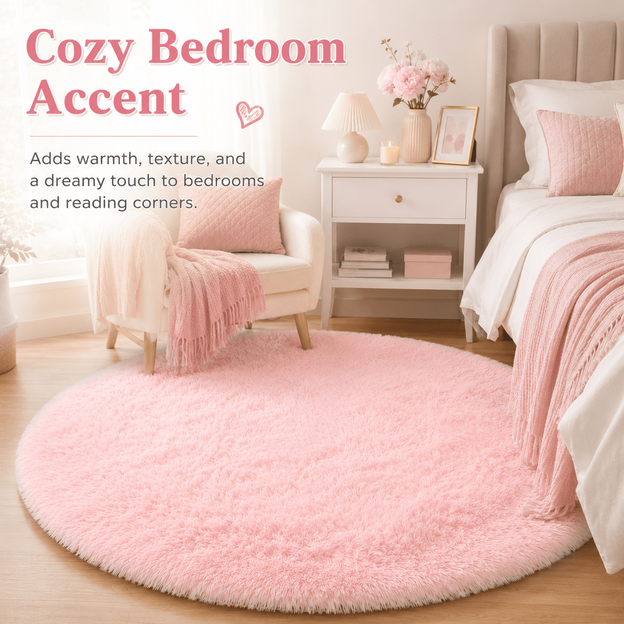 Sanmadrola Round Area Rug for Bedroom Fluffy Circle Rug 5.2'X5.2' for Kids Room Furry Carpet for Girls Bedroom Shaggy Circular Rug for Nursery Room Fuzzy Plush Rug Dorm Cute Room Decor for Baby Pink