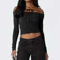 thumbnail image 6 of Douhoow Off Shoulder Tops for Women Solid Color Tie Up Long Sleeve T-Shirts Slim Fit Cropped Tee, 6 of 7