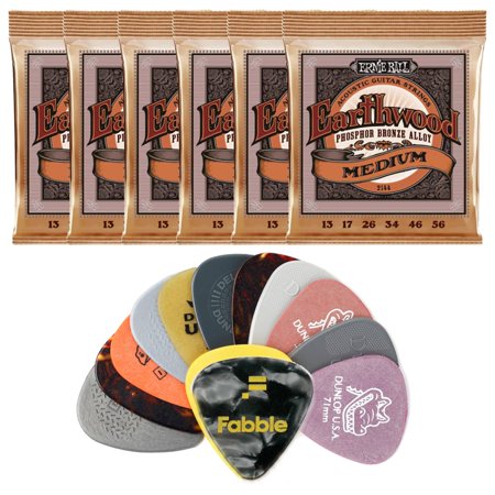 Ernie Ball Earthwood Medium Light Phosphor Bronze Acoustic Guitar Strings - 12-54 Gauge + Dunlop PVP101 Pick Variety Pack, Assorted, Light/Medium, 12/Player's Pack