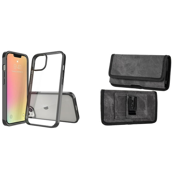 Bemz Case and Pouch Bundle for iPhone 14 Pro Max: Fusion Protector Slim Case (Black/Clear) and Rugged Denim Nylon Belt Holster (Grey)