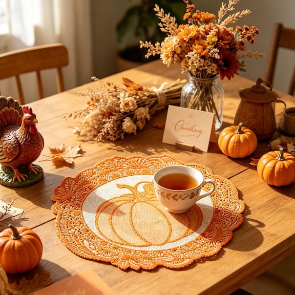 5PC Fall Pumpkin Lace Placemats 11.8 Inch Round Knit Table Doilies Orange Thanksgiving Decor Table Mats For Dining Table Home Party Tabletop Decorations halloween decor