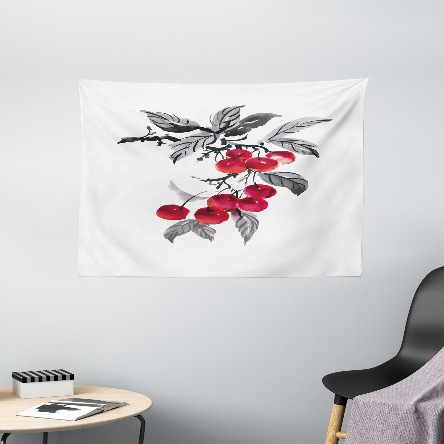 Rowan Tapestry, Branch of Rowan with Fruit in Watercolor Mountain Wild