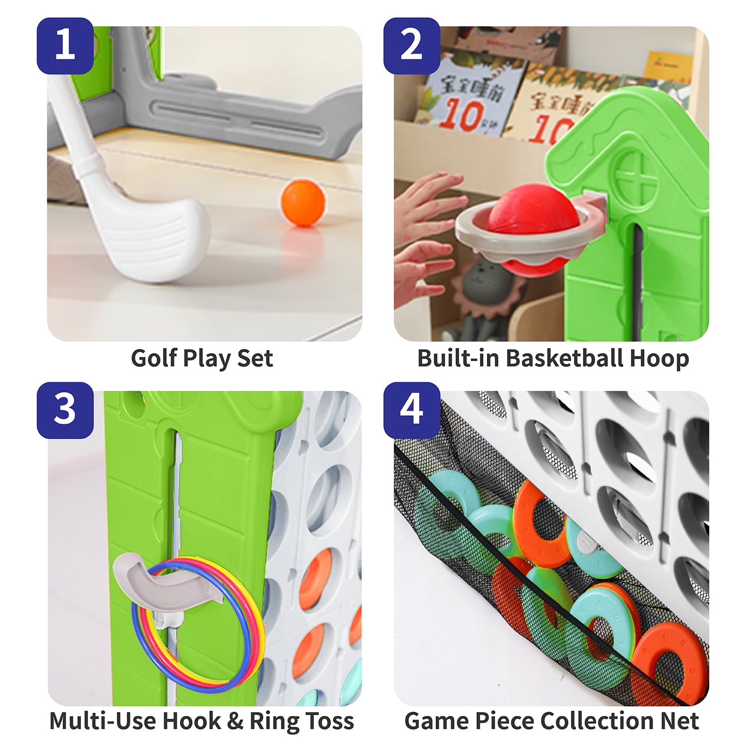 UNICOO Giant 4 in A Row Game with Carry Bag, Basketball Hoop, Ring Toss Game, 4-to-Score Game | Large Outdoor Yard Game, Parties & Gatherings Games (Green & White)
