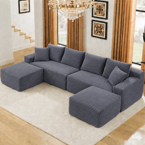Aukfa 115" Cloud Sectional Sofa U Shape Modular Boneless Couch for Living Room, 2 Ottoman&Pillows, Corduroy, Green