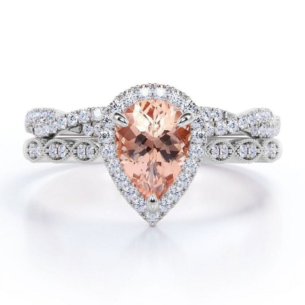 JeenMata Conj. Boda Halo Pavé Cruzado Filigrana Art Déco Morganita y Moissanita Almendra 1,5 ct, Melocotón, Baño Oro Blanco 18 K sobre Plata