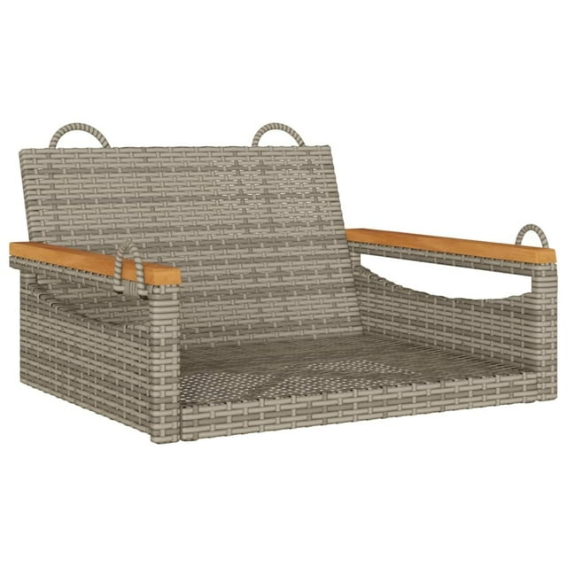 silla colgante con forma de hamaca vidaxl, poliratán gris con reposabrazos de madera de acacia y anillos de fijación visibles; vista frontal 3/4 del asiento y respaldo tejidos de ratán polivinílico pensada para balanceo en patio y jardín, a menudo usada para relajarse o leer al aire libre.
