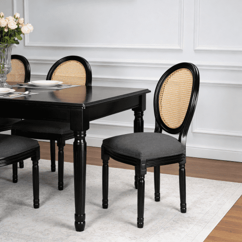 Nmkwnr 2 Pack Upholstered Side Chair with Rattan Round Back, Armless Dining Chairs for Living Room, Kitchen , Restaurant, Dark Gray
