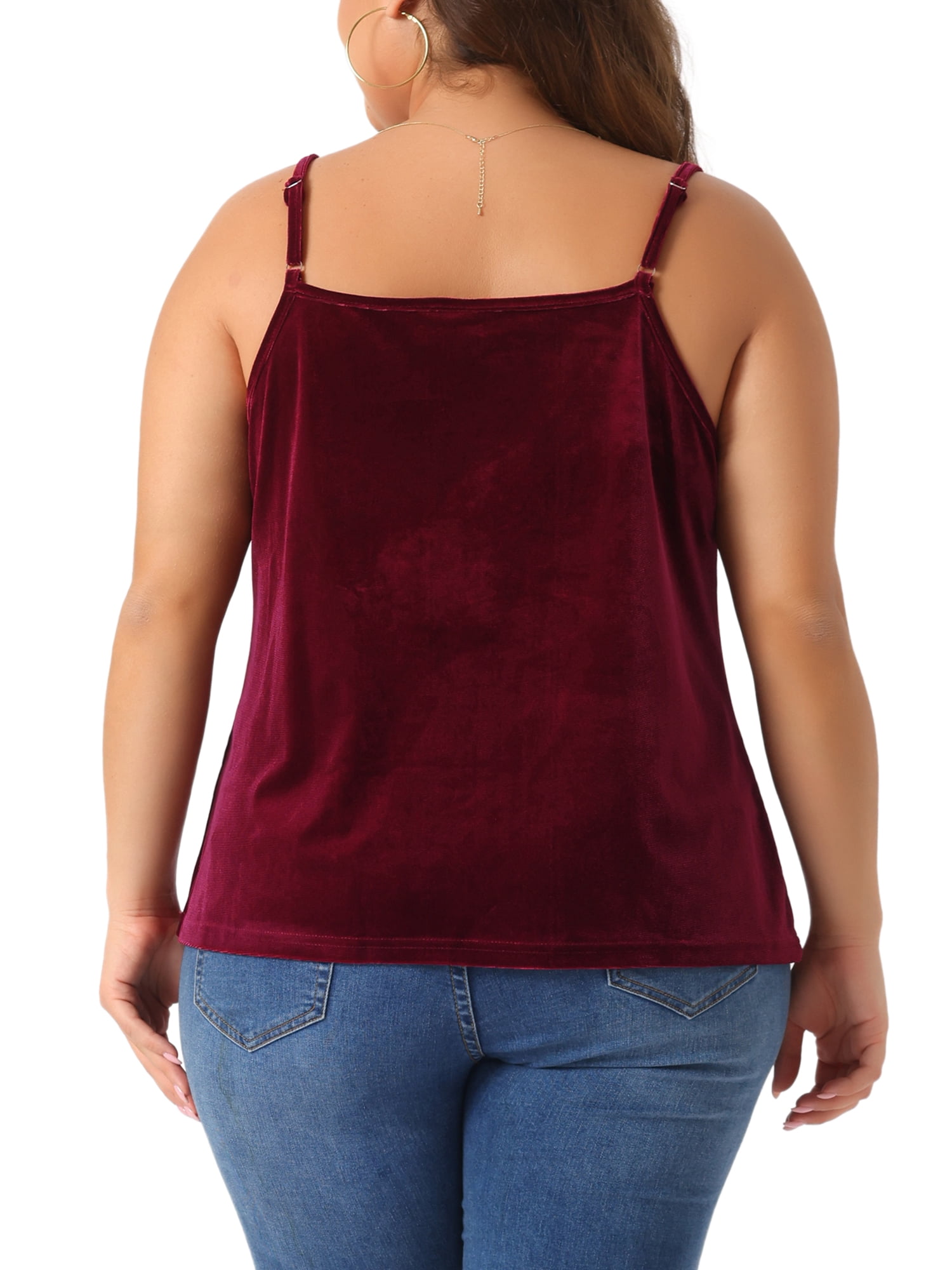 DARING DIVA Women's Plus Velvet Tank Tops V Neck Lace Floral Panel Cami 2X Burgundy