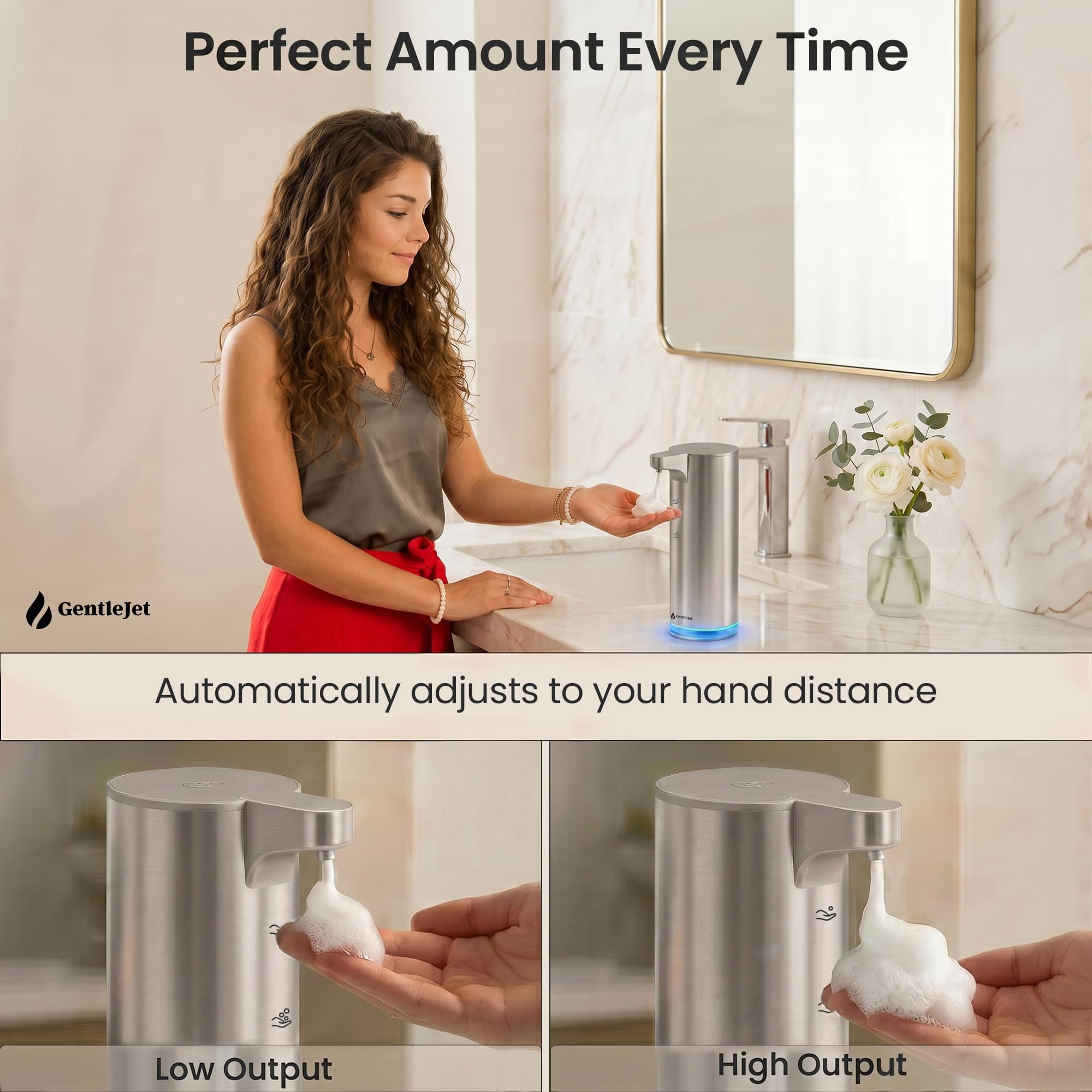 GentleJet EasyFoam Automatic Foaming Soap Dispenser  Touchless Sensor, USB-C Rechargeable, 304 Stainless Steel, IPX5 Waterproof for Bathroom Kitchen Sink, 280 ml