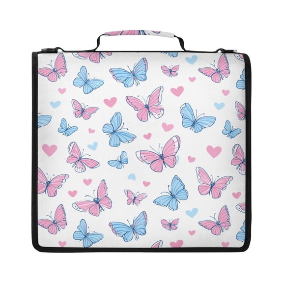 Zipper Binder with Shoulder Strap 2 inch 3 Ring Waterproof File Folder Organizer Bag 500 Sheet Pink and Blue Butterflies