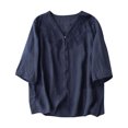 thumbnail image 1 of Tops de Algodón de Lino para las Mujeres Bordado Imitación Algodón Botón de Lino Cinco Cuartos de Manga Corta V-Cuello Superior, 1 of 8
