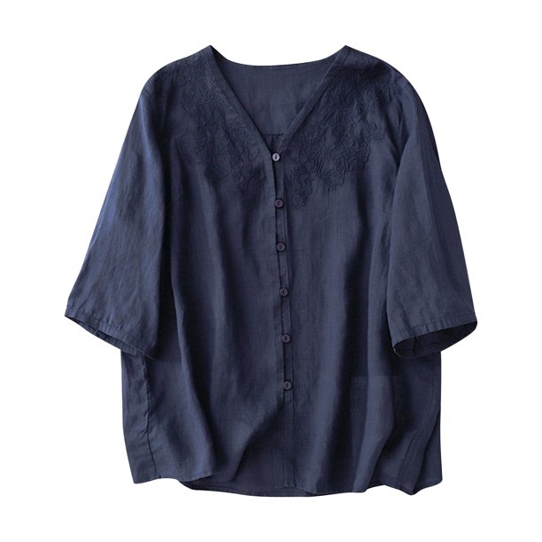 Tops de Algodón de Lino para las Mujeres Bordado Imitación Algodón Botón de Lino Cinco Cuartos de Manga Corta V-Cuello Superior