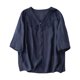 thumbnail image 1 of Tops de Algodón de Lino para las Mujeres Bordado Imitación Algodón Botón de Lino Cinco Cuartos de Manga Corta V-Cuello Superior, 1 of 8
