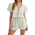 thumbnail image 3 of Women Y2k Two Piece Plaid Lounge Sets Puff Sleeve Tie Front Blouse Top Shorts Pajamas Set Green L, 3 of 7