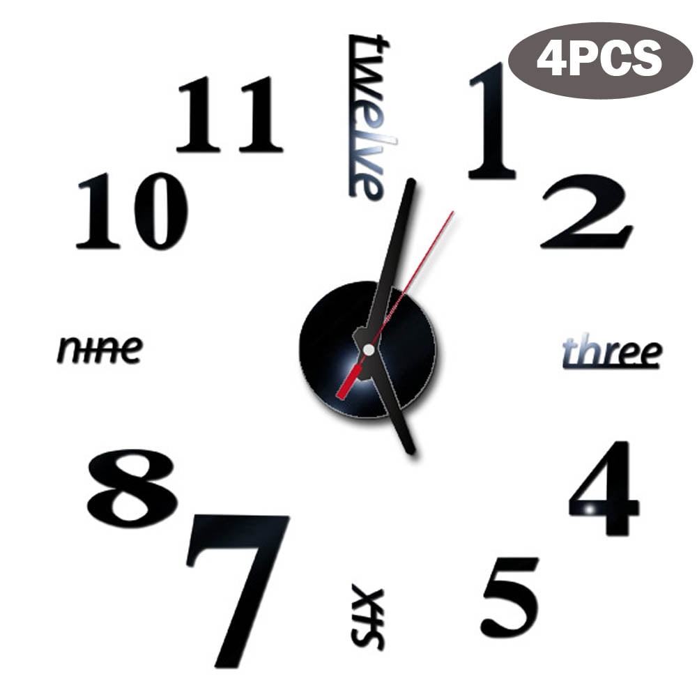 4PCS 3D DIY Wall Clock Large Size Mirror Surface Wall Decorative Clocks for Living Room Office
