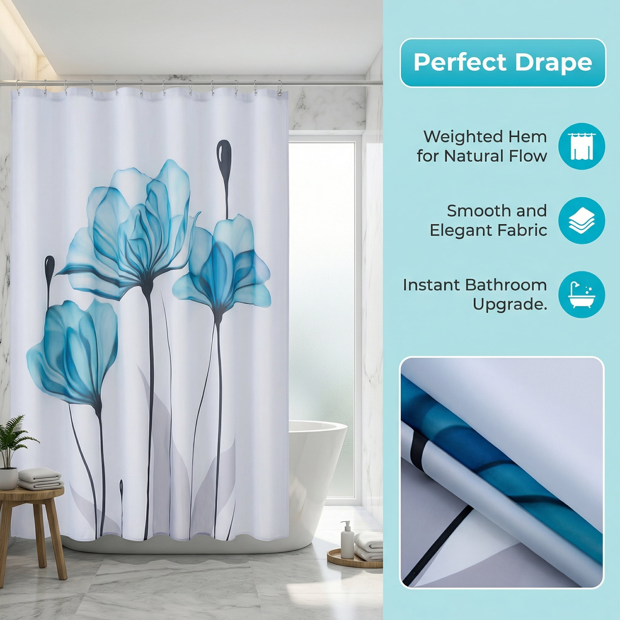 Unique Bargains Shower Curtain Waterproof Sets with Hooks Blue 71"W x 71"L