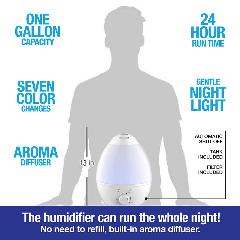 Bell + Howell Cool Ultrasonic Humidifier with XL 1 Gallon Capacity, Built In Aroma Diffuser, 7 Color Changing Nightlight