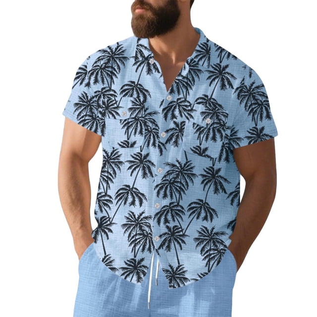 Mens Casual Manga Corta Botón Abajo Camisas con Estampado Floral Cuello Turndown, Camisas de Playa de Poliéster para el Uso Al Aire Libre de Verano