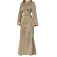 thumbnail image 2 of Cavosen Maxi Dresses for Women Cocktail Brown Satin Elegant Kimonos Long Sleeve Long Dress Party Dress Round Neck Solid Floor Length Dress Flowy Bodycon Wrap Wedding Guest Dress, 2 of 7