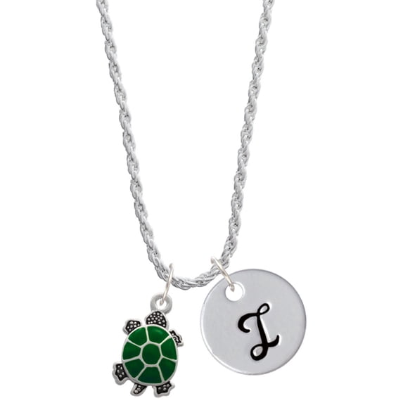Delight Jewelry Silvertone Green Top Turtle Silvertone Script Initial Disc - I - Charm Necklace, 20"+3"