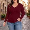 thumbnail image 2 of Lirrtw Women's Plus Size Long Sleeve Shirts Slim Fit V Neck Thermal Tight Tees Solid Color Basic Undershirt Fall Winter Base Layer(Red,4X-Large), 2 of 7