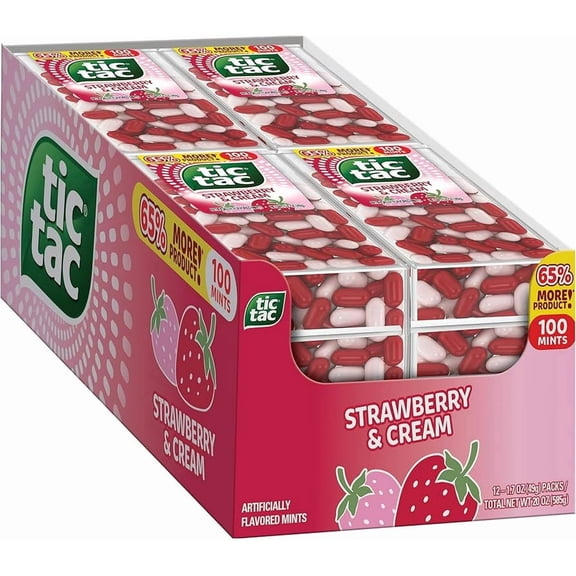 Tic Tac Strawberry & Cream Breath Mints – 12 Pack Box, 100 Mints Each, Fruity & Sweet Flavor