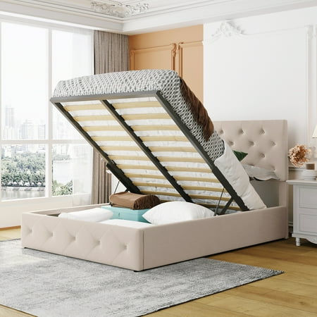 ikayaa Full size Upholstered Platform bed with a Hydraulic Storage System - Beige