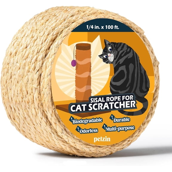 Natural Sisal Rope for Cat Scratcher 1/4 Inch by 100 Feet, Cat Tree Rope Twine for Cat Scratching Post Replacement, Cat Tower with Scratch Post Repairing, Replace, Recovering and DIY, Natural