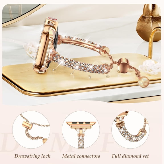 YUYAN-Bling Band & Case Compatible with Apple Watch 40mm 41mm 42mm 44mm 45mm 46mm Series 11 10 9 8 7 6 5 4 SE for Women, Fancy Metal iWatch Bands Rhinestone Bracelet Dressy Strap with Face Cover