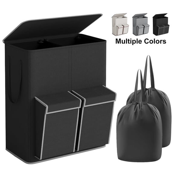 BGTREND Double Laundry Hamper with Lid, 180L Dirty Clothes Basket with 2 Removable Bags & 2 Side Pockets, Collapsible Laundry Sorter, Black