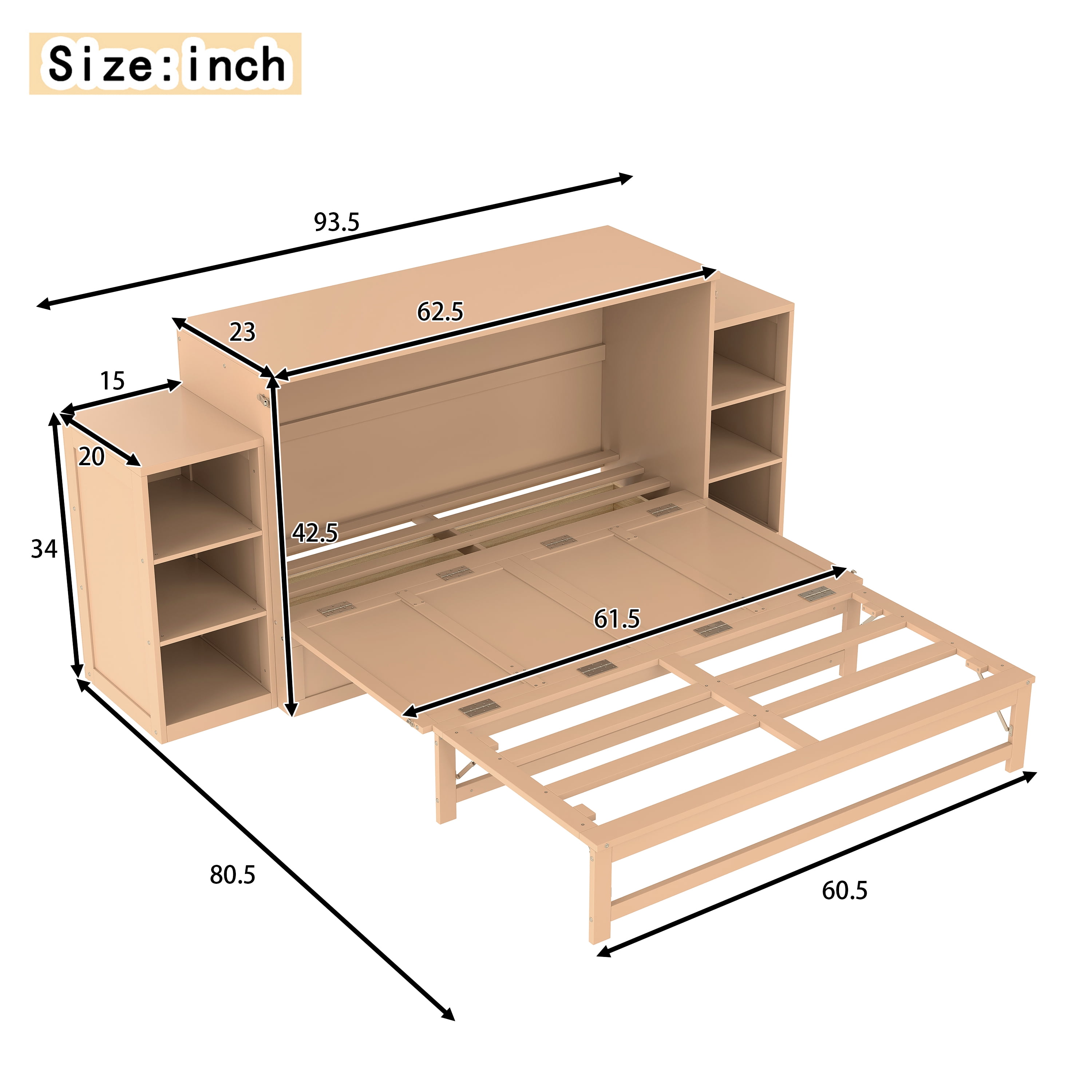 Mintazer Queen Size Murphy Bed with 6 Side Shelves & 2 Drawers, Modern Foldable Cabinet Bed for Bedroom Apartment Guest Room, Gold