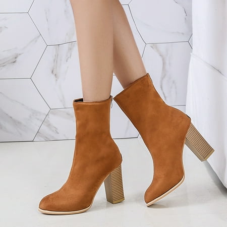 

TANGNADE Ladies Fashion Solid Color Leather British Style Back Zipper Thick Heel Short Boots Shoes