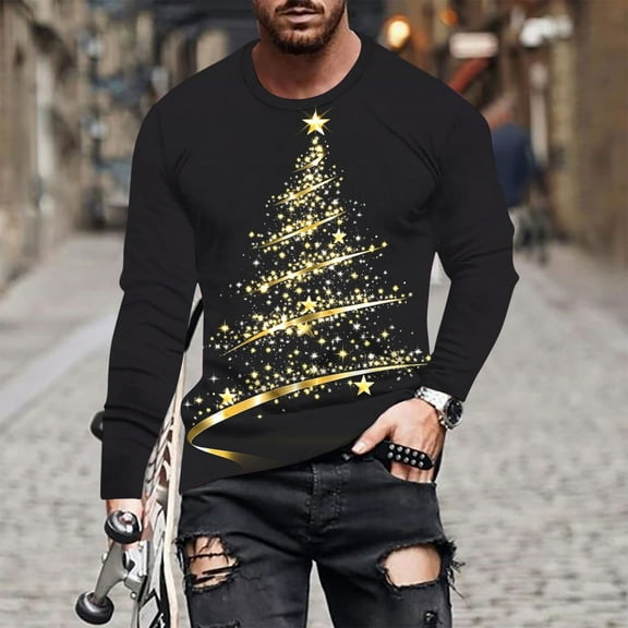 Fnnxeal Mens T-Shirts, Print Long Sleeve Christmas Fall Winter Shirt for Men Black