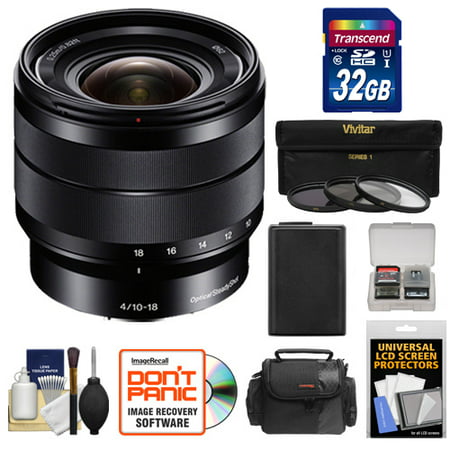 Sony Alpha E-Mount 10-18mm f/4.0 OSS Wide-angle Zoom Lens + 32GB Card + Battery + Case + 3 Filters Kit for A7, A7R, A7S Mark II, A5100, A6000,