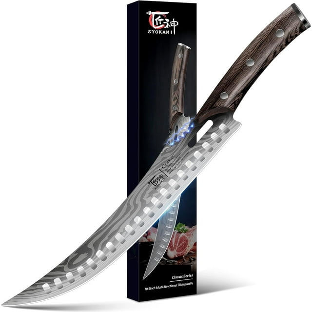 SYOKAMI Butcher Knife, 10.5 Inch High Carbon Japanese Style Carving Knife with Wood Full Tang Handle, Damascus Pattern, Razor Sharp Breaking Knife with Gift Box Ideal for Thanksgiving Day, BBQ