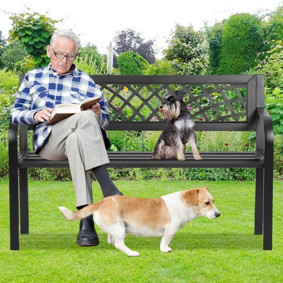 XF XINFENG Outdoor Garden Bench Metal Bench with Mesh Pattern and Armrests for Yard Porch Park for 2,Black