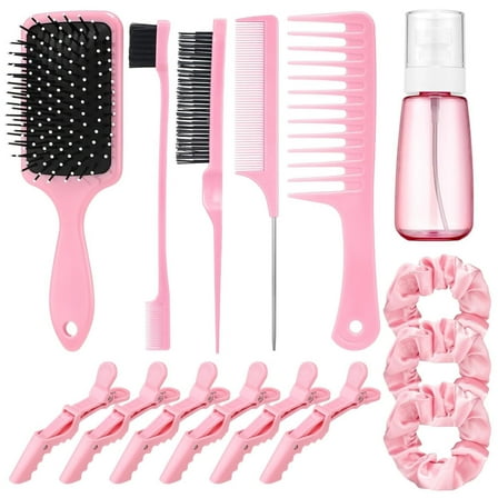 Uooglle 15 Pcs Slick Back Hair Brush Set for Women - Edge Brush, Fine Mist Spray Bottle, Rat Tail Comb & Hair Clips