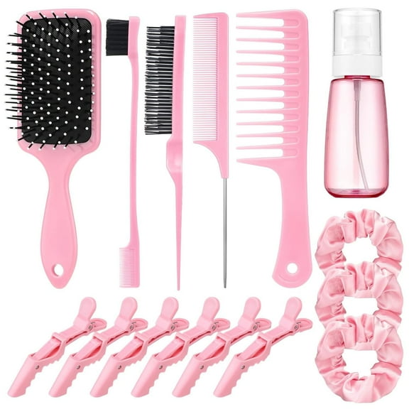 Uooglle 15 Pcs Slick Back Hair Brush Set for Women - Edge Brush, Fine Mist Spray Bottle, Rat Tail Comb & Hair Clips