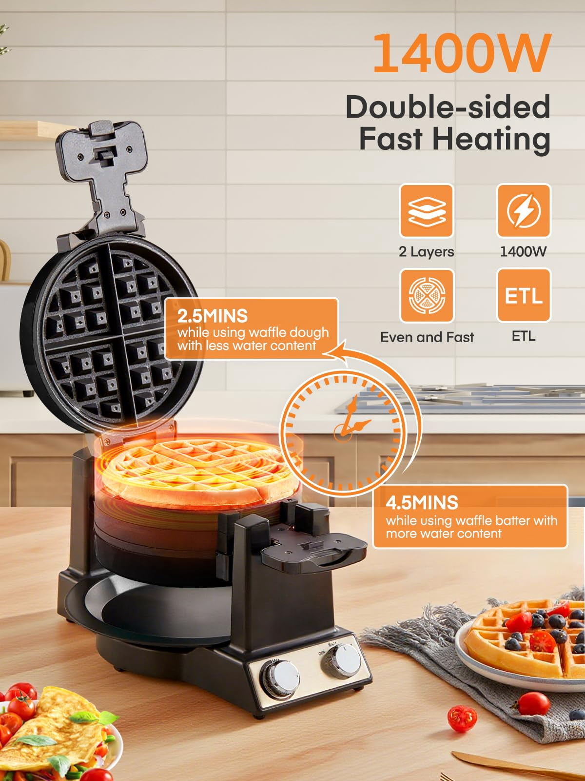 FOHERE 2-in-1 Waffle Maker & Omelette Maker, 1400W 180° Flip Rotating & Nonstick Pans, Black, New