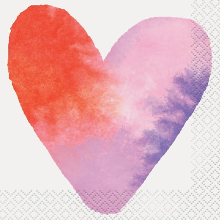 Magenta Beverage Napkins - Watercolor Hearts Valentine's Day Paper Beverage Napkins, 5 in, 16ct