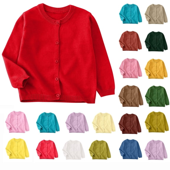 Hzzrkos Toddler Kids Button Front Cardigan Sweater Long Sleeve Knit Jacket Crew Neck Lightweight Soft Casual Outerwear for Girls Boys Everyday Wear Red